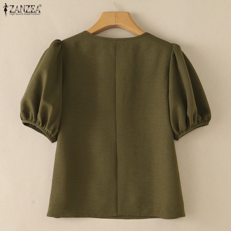 ZANZEA ผู้หญิงเกาหลีหวาน Elegant Crew V คอพัฟแขนครึ่งปุ่มหลวมเสื้อธรรมดา — صورة 8
