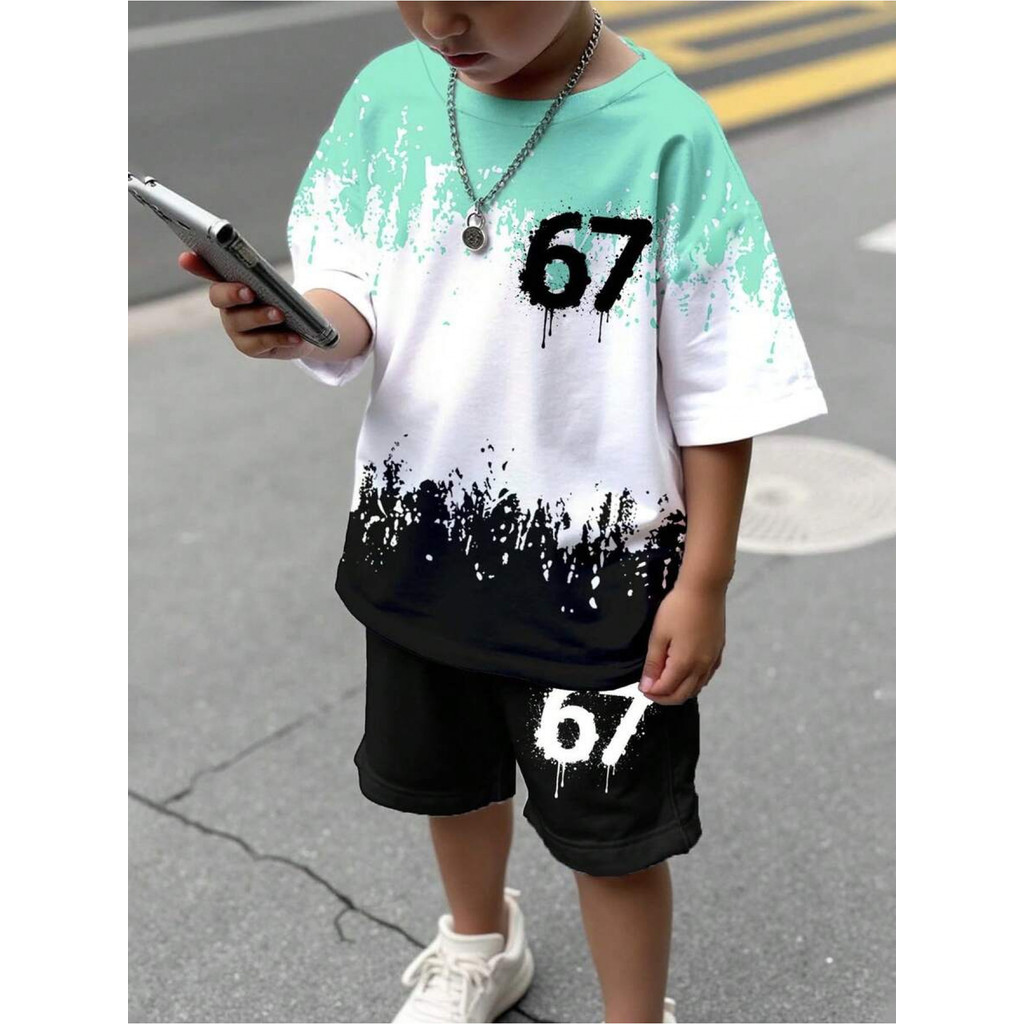 Kids "67" Drip Art Print Set เสื้อยืดแขนสั้นและกางเกงขาสั้น ผ้าระบายอากาศนุ่มสไตล์สตรีทเย็นสําหรับเด