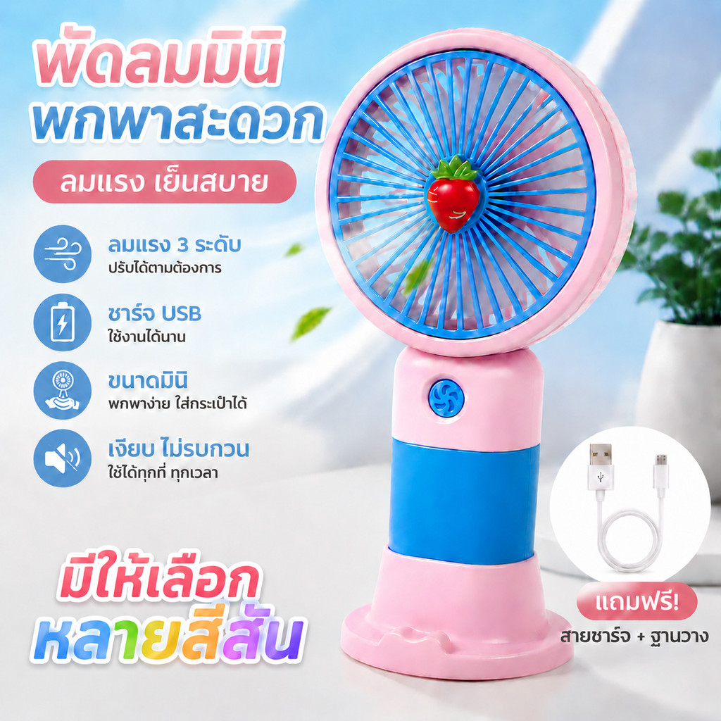 พัดลมมือถือ พัดลมตั้งโต๊ะ Mini USB Fan พัดลมพกพา ที่ชาร์จ USB รุ่นใหม่สีสันสดใส