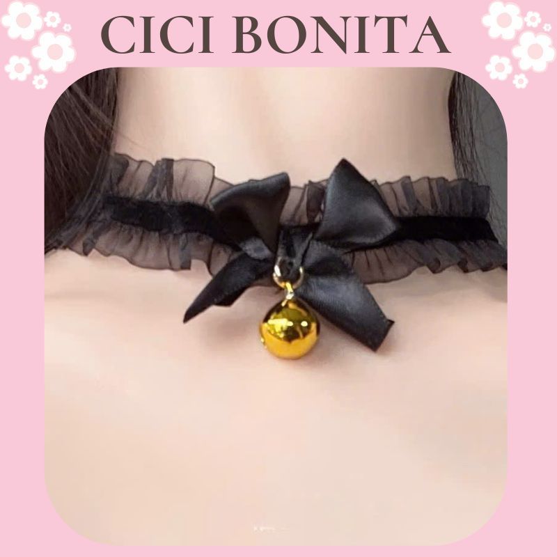 [CI BONITA-CPK48] สร้อยคอโชคเกอร์ลูกไม้มีโบว์ - สร้อยคอขากระดิ่ง อุปกรณ์เสริมคอสเพลย์น่ารัก