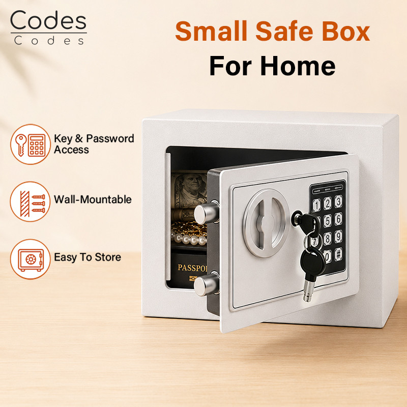 กล่องล็อคตู้เซฟเหล็กขนาดเล็กพร้อมปุ่มกดรหัส,กุญแจ,สีขาว | Electronic Secure,9.1" W x 6.7" D x 6.7" H