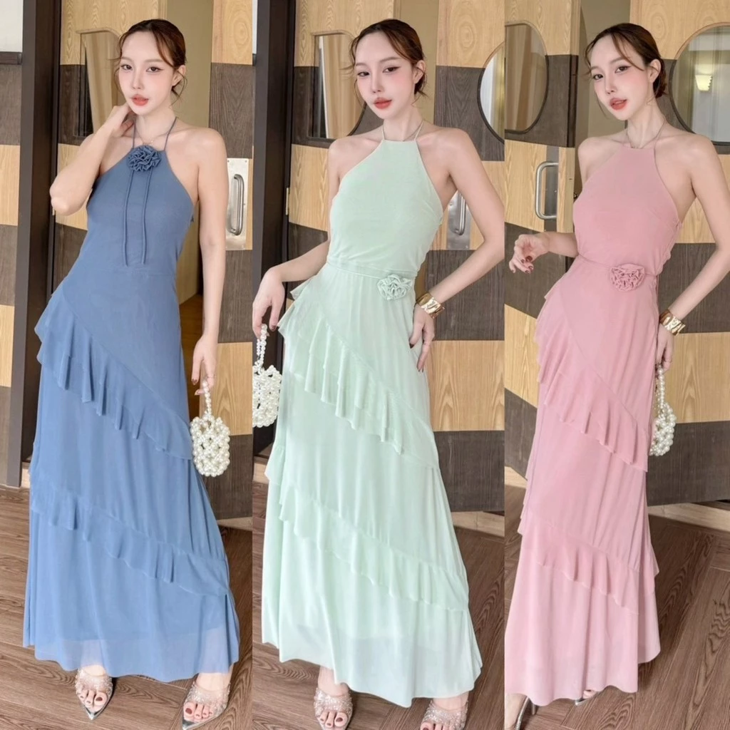 A1032 เดรสยาว รุ่นระบายเฉียงเว้าหลัง ชุดออกงาน ชุดไปงานแต่ง ชุดเที่ยว