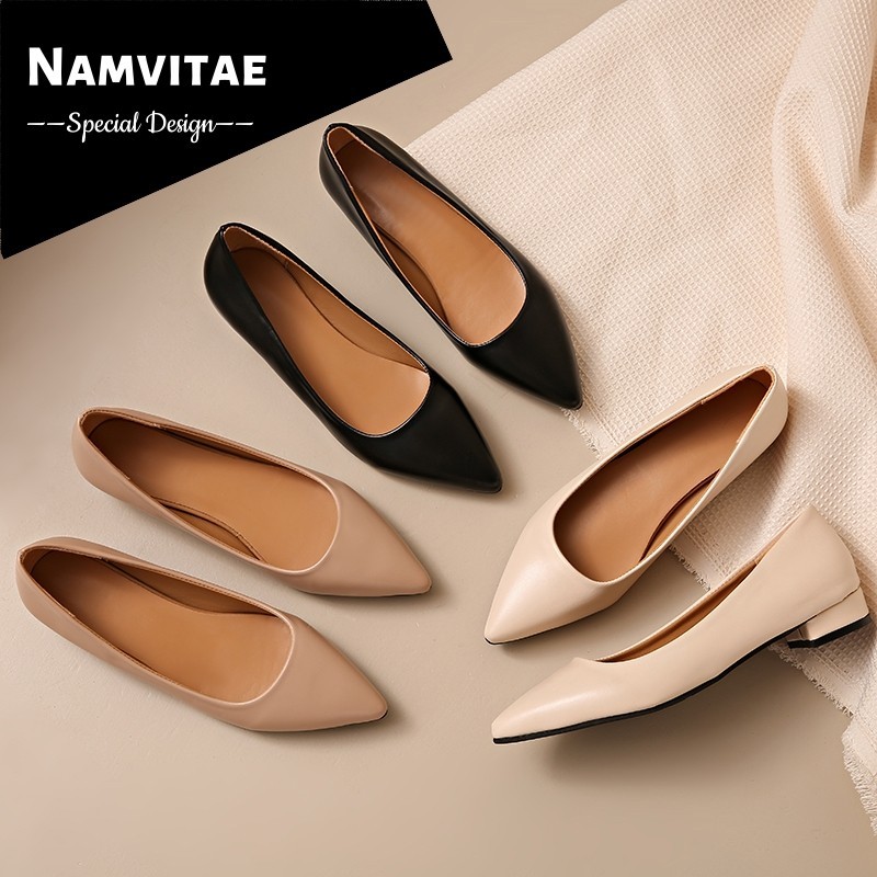 NAMVITAE รองเท้าคัชชูสตรีรูปแบบสีทึบนุ่มสบายอเนกประสงค์รองเท้าบัลเล่ต์ปลายแหลม