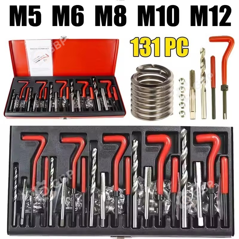 🚚จัดส่งตอนนี้🔥ชุดซ่อมเกลียวสปริง 131PCS M5 M6 M8 M10 M12เครื่องมือซ่อมเเซมบล็อกเครื่องยนต์ ชุดซ่อมเกลียวสปริต๊าปเกลียว