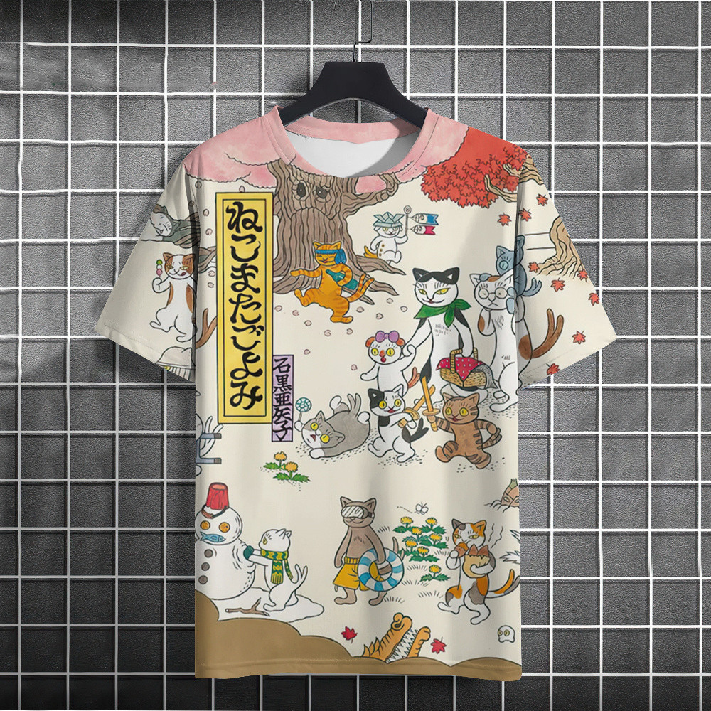 Unisex แมวตลก 3D พิมพ์ O-คอเสื้อยืดขนาดใหญ่ Y2K Harajuku Hip Hop เสื้อลําลองแขนสั้น