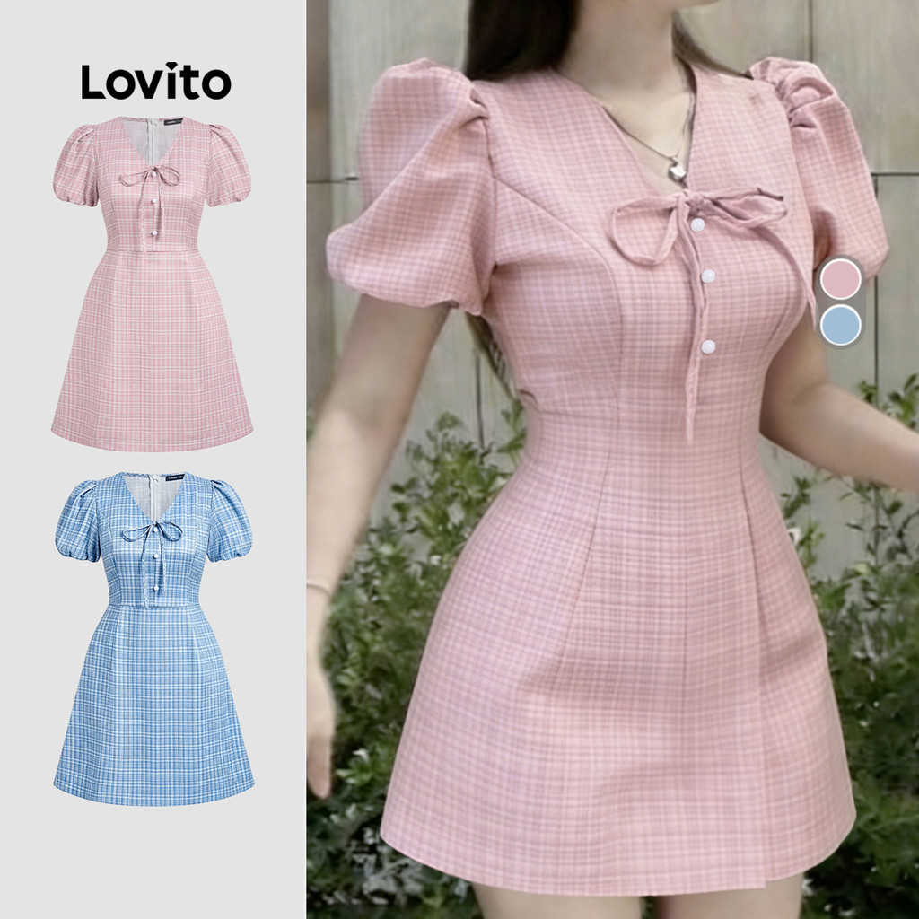 Lovito เดรสสีชมพูสําหรับฤดูร้อน/ฤดูใบไม้ผลิของผู้หญิง เดรสลําลอง ผูกโบว์ติดกระดุมด้านหน้า LK5ED513