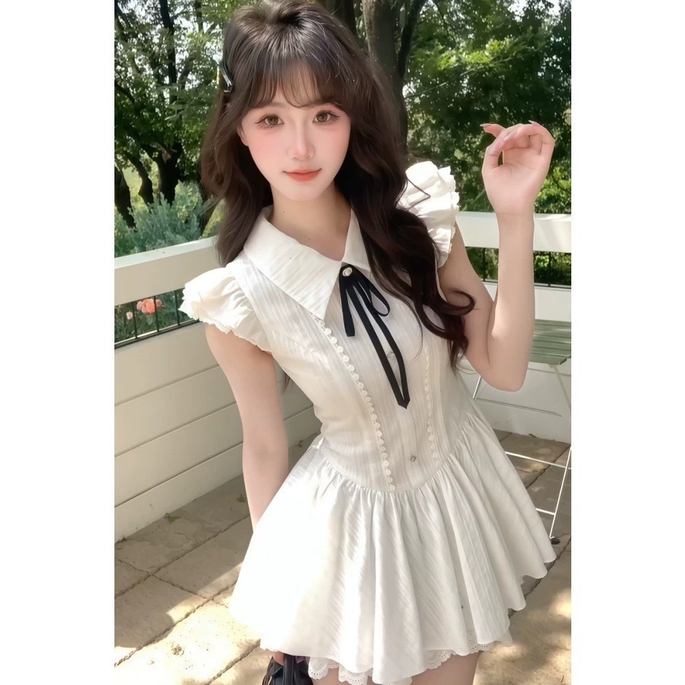 [สินค้าพร้อมสต็อกจัดส่งในวันเดียวกัน] 2026 Bow Laced-Up Non-Collision Dress ผู้หญิงสไตล์อ่อนโยนลูกไม้เย็บ Slimmer ดูสั้น S