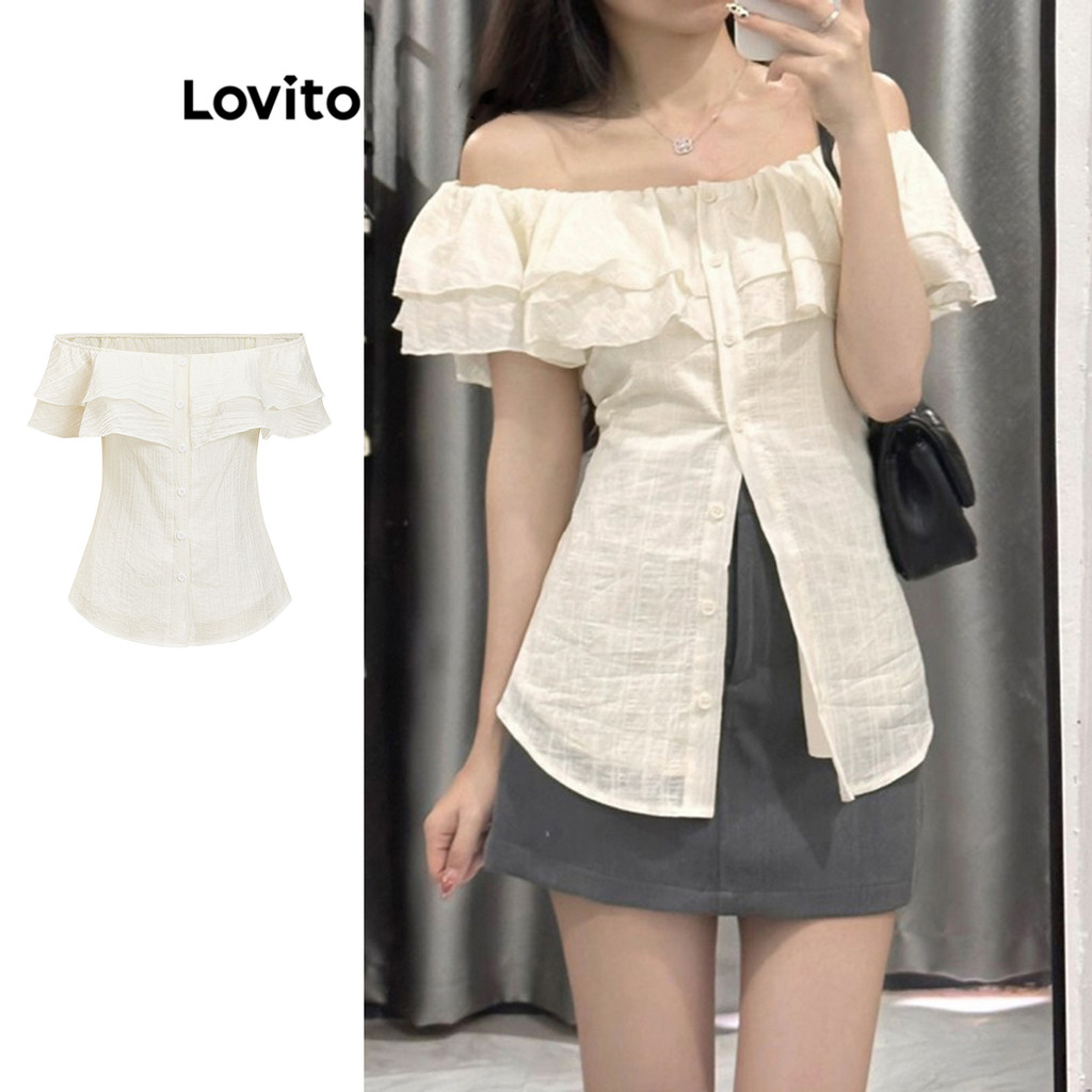 Lovito เสื้อลําลองผ้าพื้นผิวธรรมดานัวเนียปุ่มฤดูใบไม้ผลิและฤดูร้อนเสื้อสําหรับผู้หญิง L79AD128