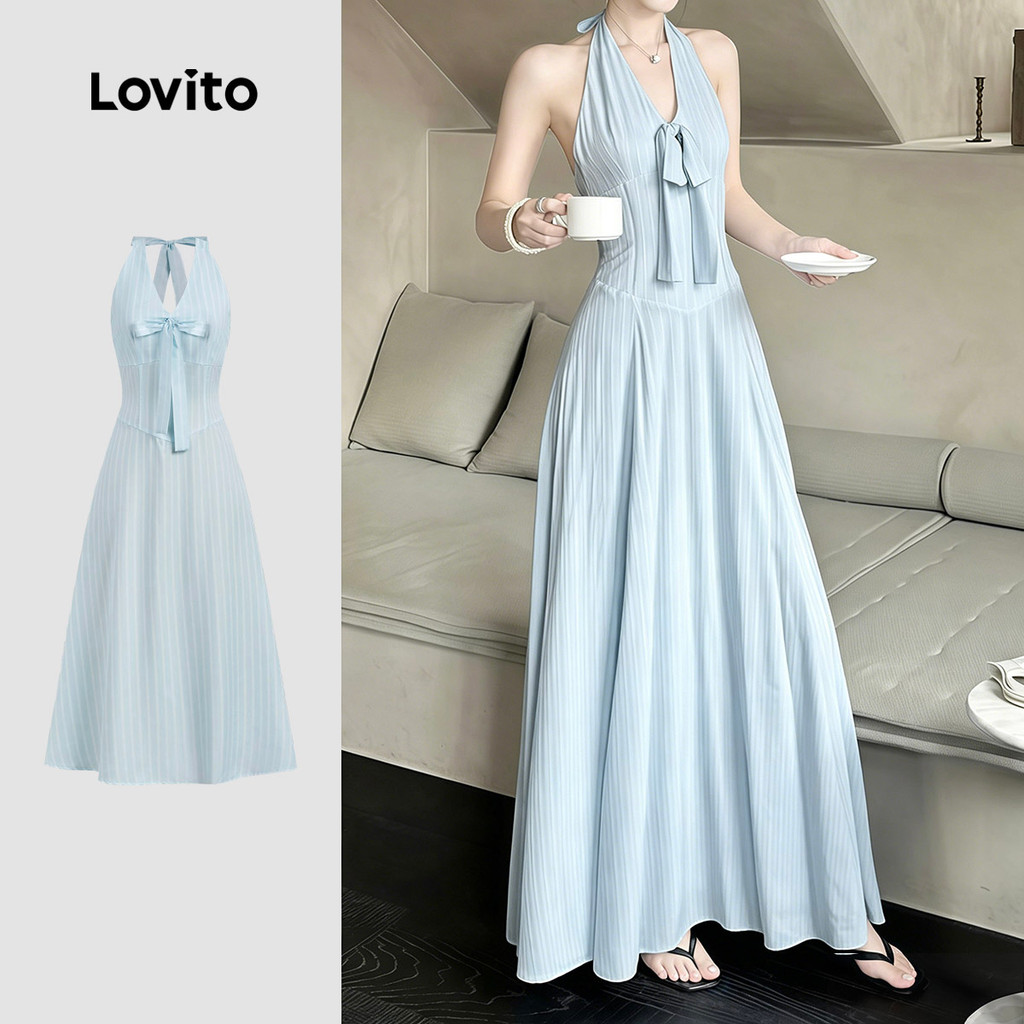 Lovito เดรสลําลองผูกด้านหน้าเปิดหลังสีฟ้าฤดูใบไม้ผลิ/ฤดูร้อนสําหรับผู้หญิง L179AD336