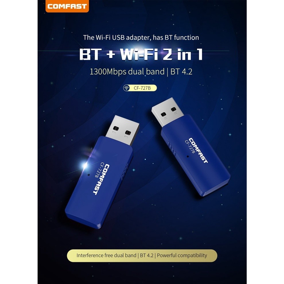 COMFAST CF-727B 1300Mbps อะแดปเตอร์ไร้สาย USB Dual Band Bluetooth 4.2