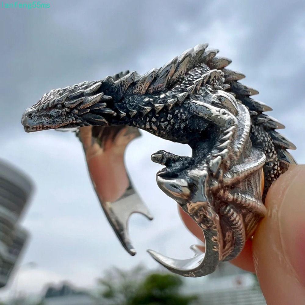 LANFENG Pterosaur Wings Ring, Opening Vintage Dragon Rings, Fashion Gothic Punk Style Adjustable Bla