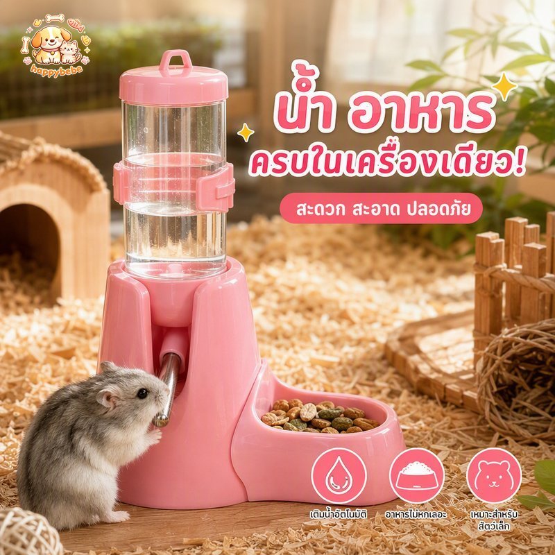 ขวดน้ำอัตโนมัติ หนูแฮมเตอร์ กระต่าย หนูตะเภา ที่ให้น้ำพร้อมที่ให้อาหาร 3 in 1 ความจุสูง