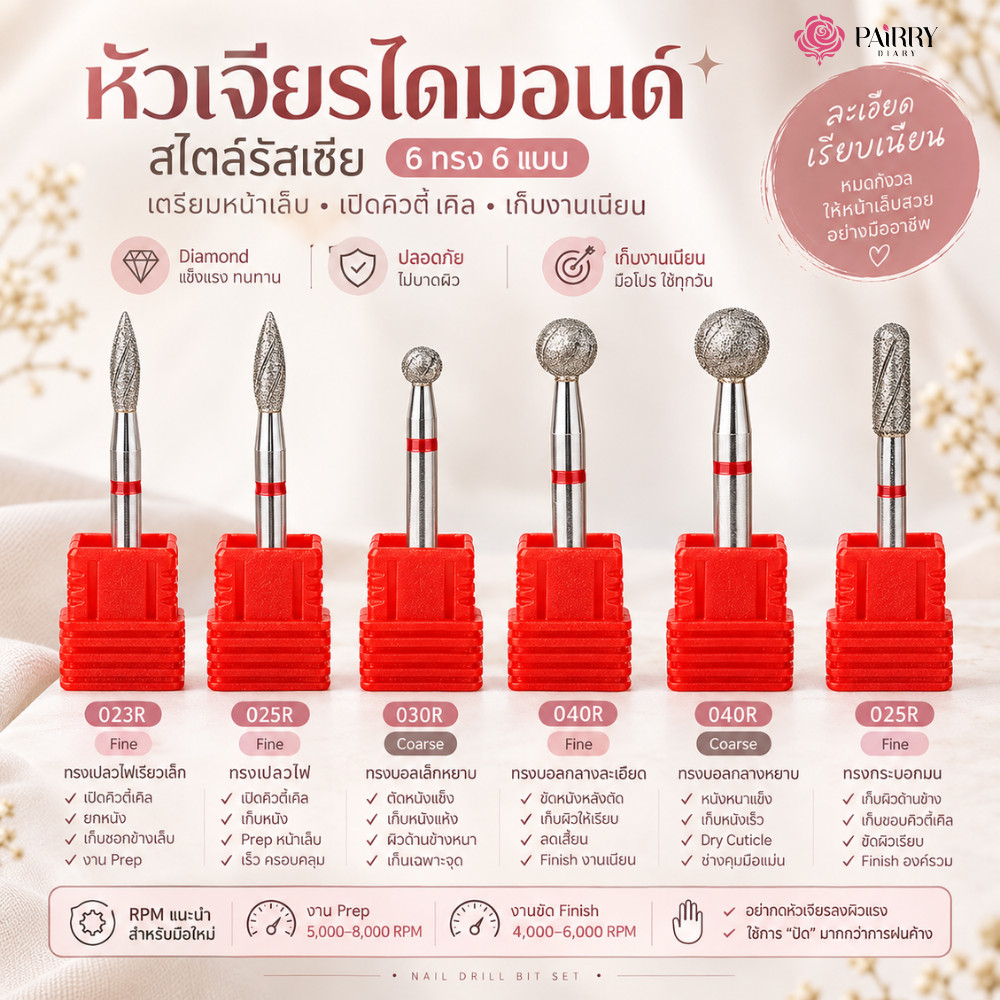 หัวเจียรเตรียมหน้าเล็บ แบบรัสเซีย Diamond Nail Drill Bit สำหรับตัดหนังและเปิดโคนเล็บ