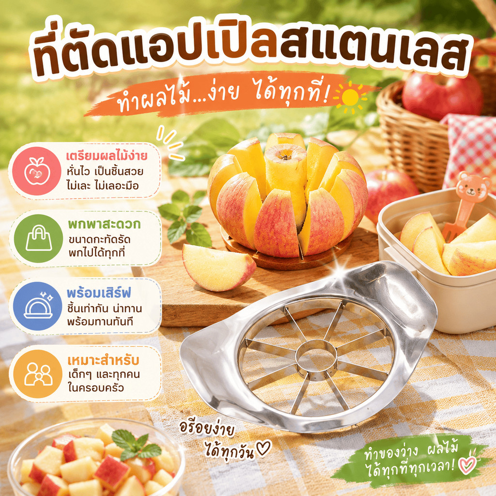 เหมาะกับบ้านและร้านผลไม้ ที่แบ่งแอปเปิลสแตนเลส 304 แบบแบ่ง 8 ชิ้น คว้านแกนในตัว ด้ามจับสองข้าง ล้างง่าย ใช้สะดวก