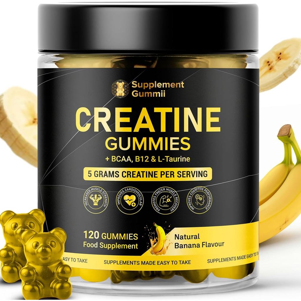 Creatine Monohydrate Gummies 5000mg พร้อม BCAA 500mg, วิตามิน B12 200mcg & Taurine 500mg - 120 Vegan