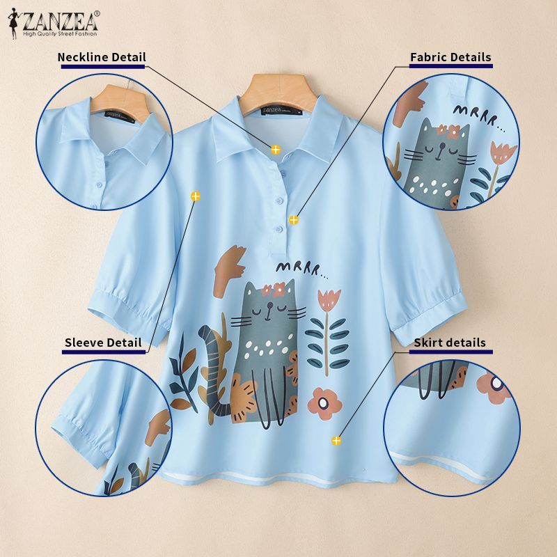 ZANZEA เสื้อเชิ้ตแขนพัฟพิมพ์ลายลําลองสไตล์เกาหลีของผู้หญิงการ์ตูนสัตว์รูปตัว H — صورة 7