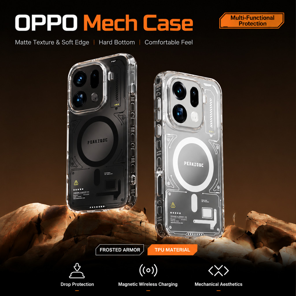 Peakzooc เคส OPPO Find Mecha Cyber Armor โปร่งใส กันกระแทก 360° เคส OPPO Find X8 X9 X9 Ultra ระบบแม่เหล็ก N52 แข็งแรง ป้องกันรอบด้าน ดีไซน์เกราะไซเบอร์