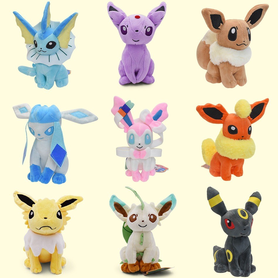 9 รูปแบบ 22 ซม.Eevee Evolution ของเล่นตุ๊กตาชุด Eevee Sylveon Umbreon Espeon Vaporeon นุ่มปุยตุ๊กตาต