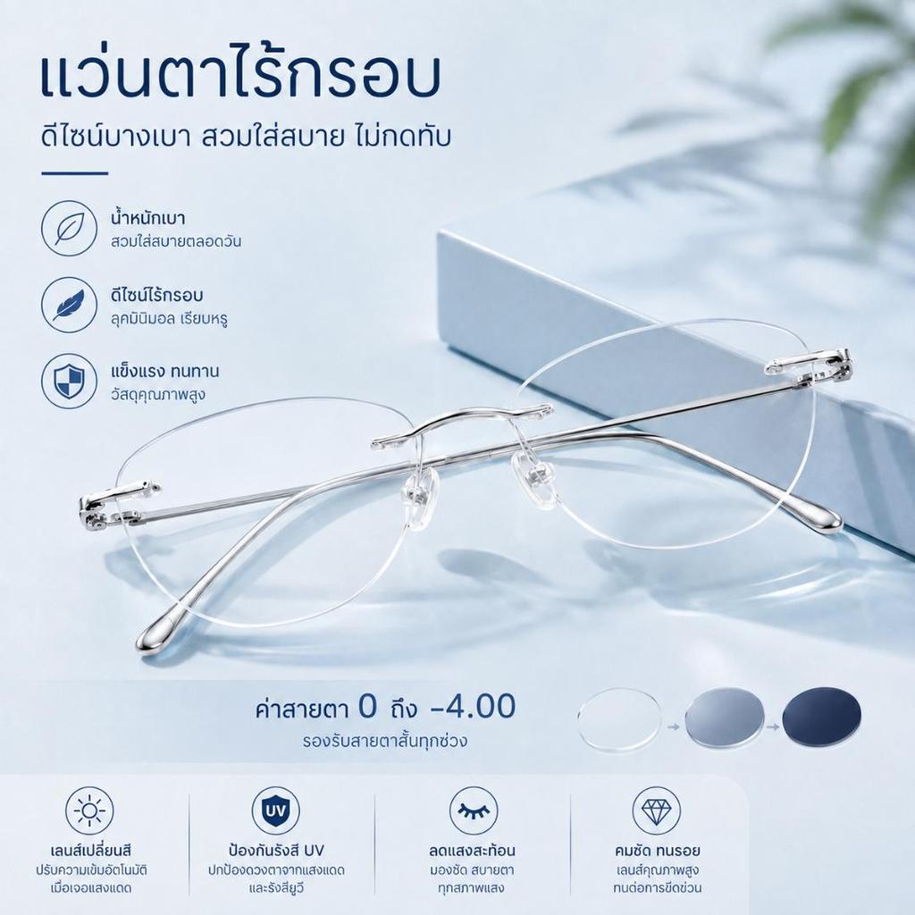 รุ่นใหม่ แว่นตาไร้กรอบ แว่นสายตาสั้น/ยาว เลนส์ออโต้ออกแดดเปลี่ยนสี กันรังสีUV99% แว่นตาแฟชั่นผู้ชาย/หญิง