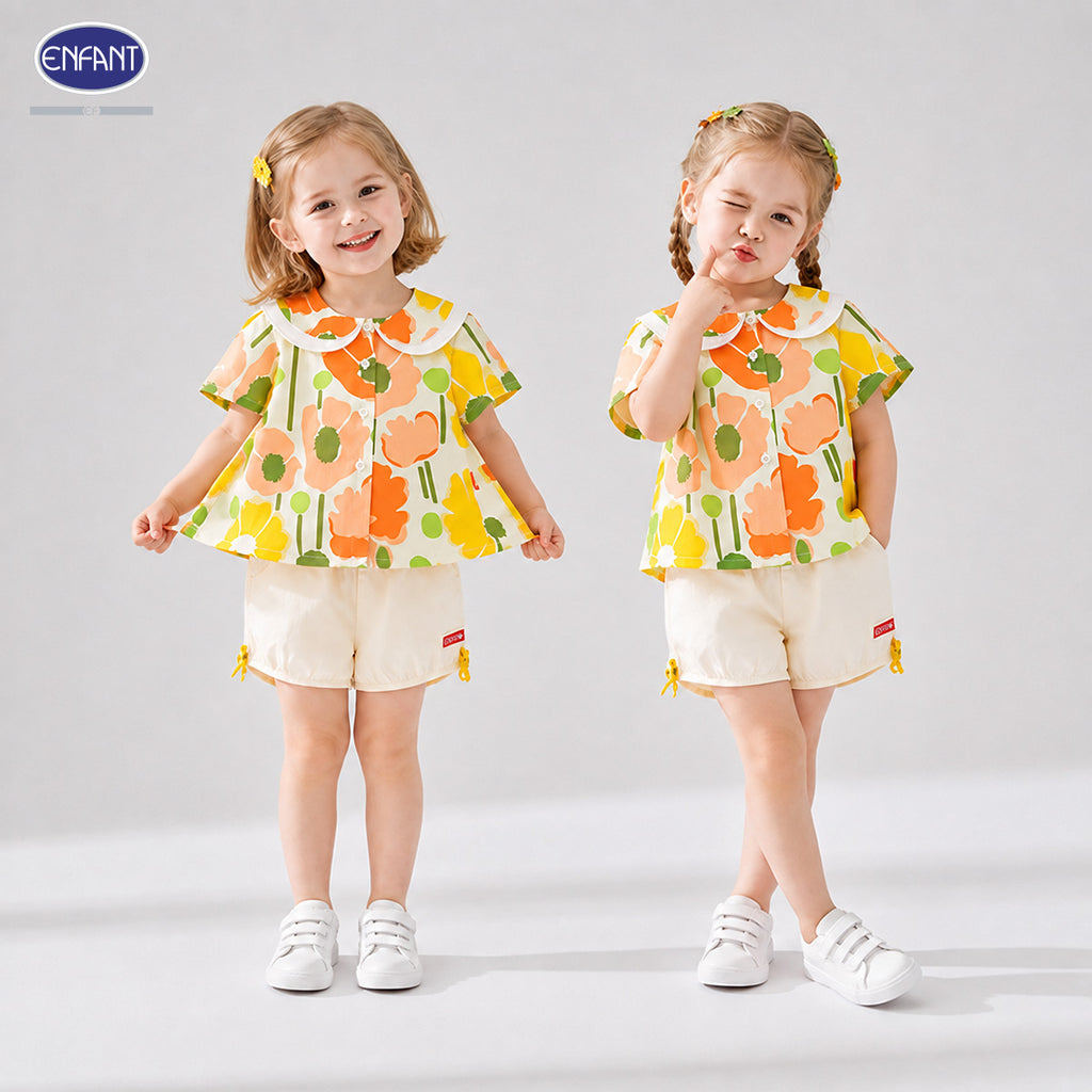Enfant ชุดเซ็ตเด็กผู้หญิงเสื้อแขนสั้น+กางเกงขาสั้น ลายดอกไม้สีครีม 6เดือน-8ปี EE1X12