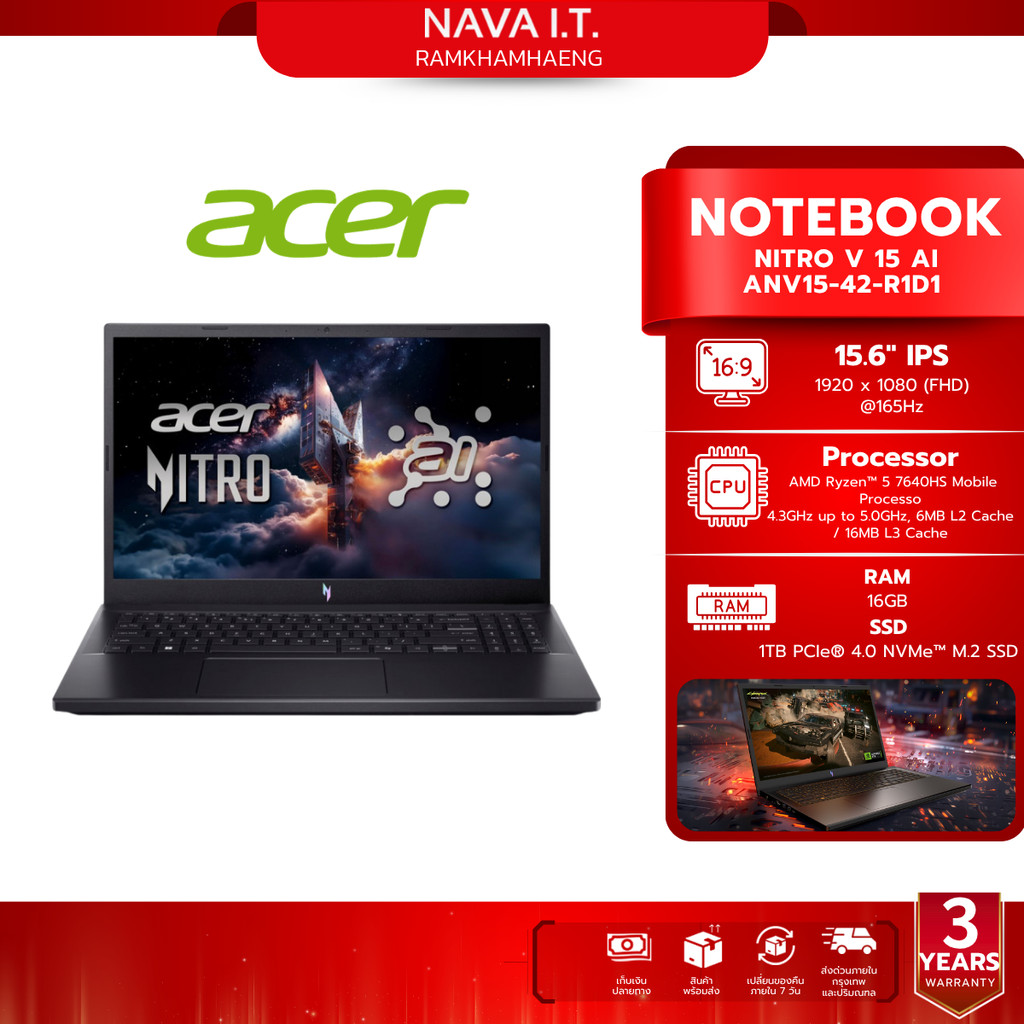ACER notebook (โน้ตบุ๊ค)  NITRO V 15 AI ANV15-42-R1D1 (OBSIDIAN BLACK) รับประกัน 3 ปี