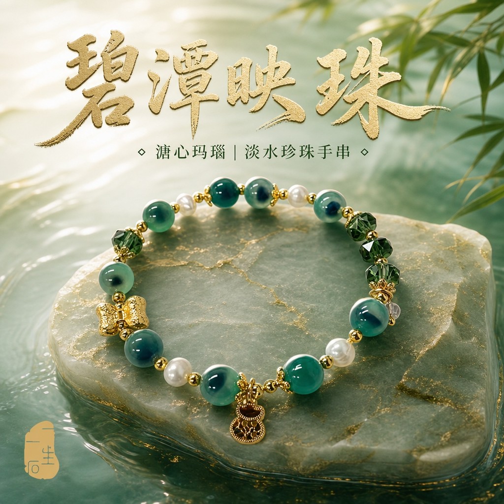 Bitan Yingzhu สีเขียวนิลนุ่มคริสตัลสร้อยข้อมือมะระหญิง High-End สร้อยข้อมือมุกน้ําจืด
