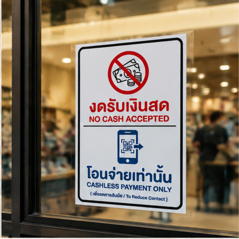 Shoes Clubสติกเกอร์ป้ายเตือน "งดรับเงินสด โอนจ่ายเท่านั้น" NO CASH / CASHLESS PAYMENT ONLY ป้ายบอกช่องทางชำระเงิน กันน้ำ