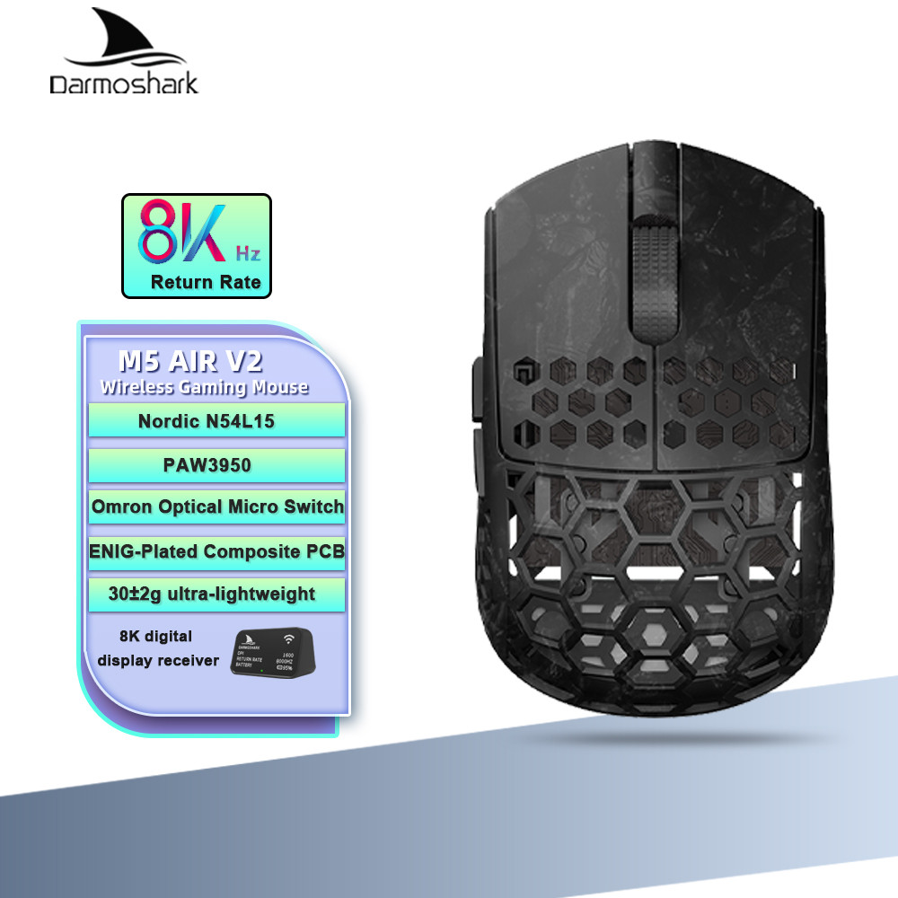 Darmoshark M5 Air V2 เมาส์สําหรับเล่นเกมคาร์บอนไฟเบอร์ปลอมไร้สาย 8K Macro Mouse 30KDPI Finger Grip ข