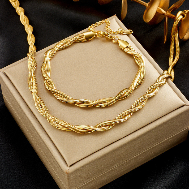 ยุโรปอเมริกันแฟชั่น Unisex ถัก Twist Gold-Plated สแตนเลสเครื่องประดับสร้อยคอสร้อยข้อมือชุด MEP1