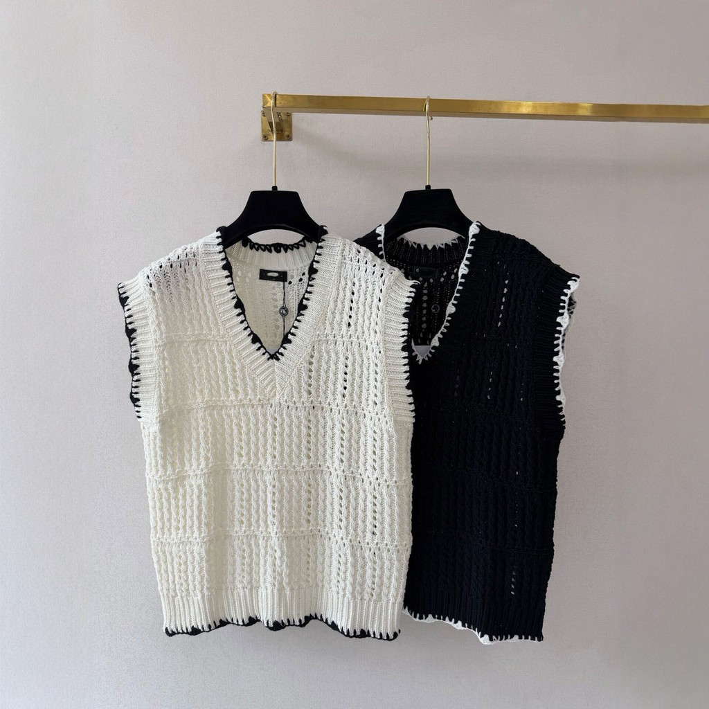 0TYW CC ** 26 ฤดูร้อน Contrast สี V คอ Hollow ถักเสื้อกั๊กผู้หญิงแขนกุด All-Match Top อินเทรนด์