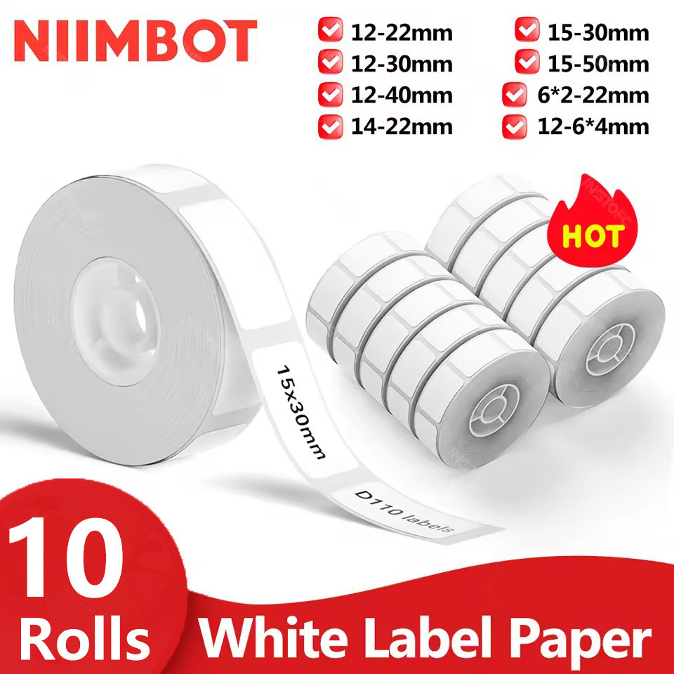 10 ม้วน Niimbot Label Paper สติ๊กเกอร์ฉลากกันน้ํา, กระดาษเครื่องพิมพ์, สีขาวบริสุทธิ์, D11, D110, D1