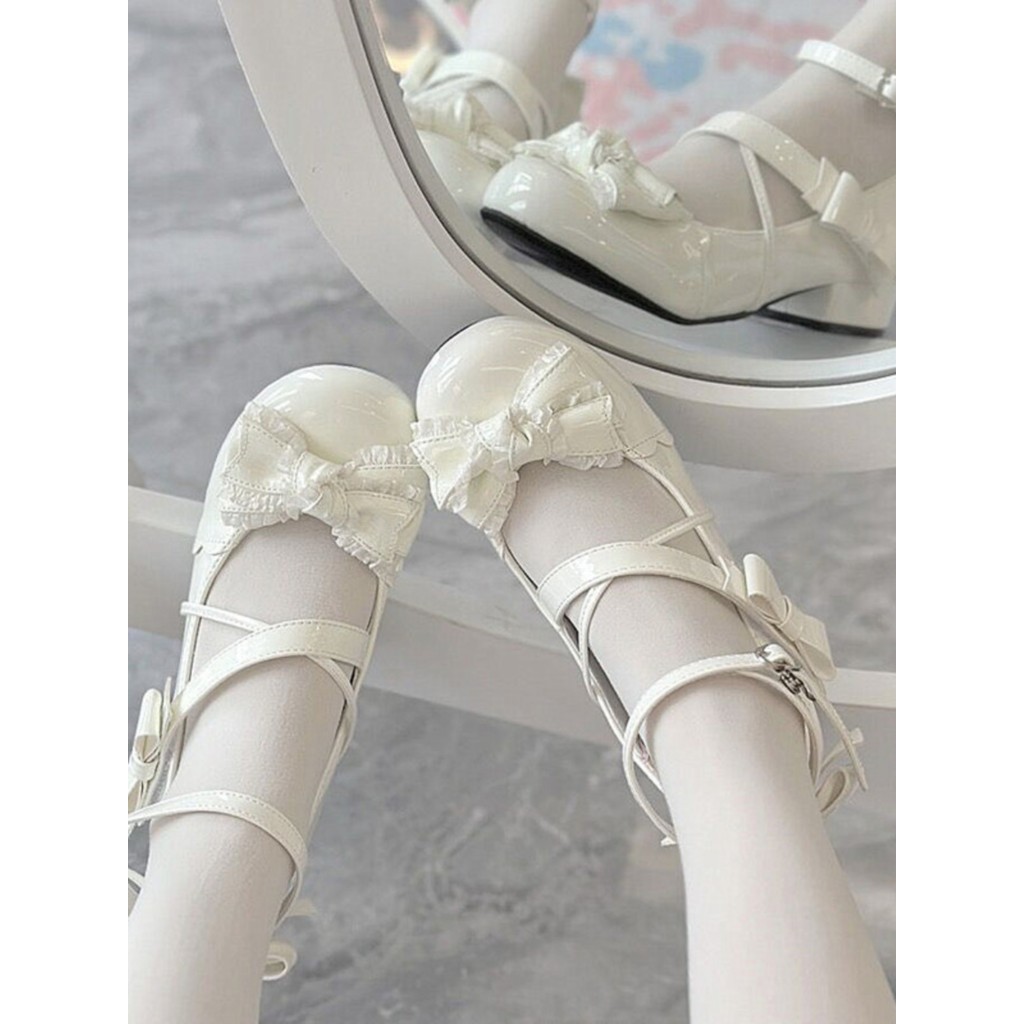 Girl Heart Knot Original Authentic lolita Low Heel Flat Shoes Round Toe Cute Sweet Girl lolita lo Sh