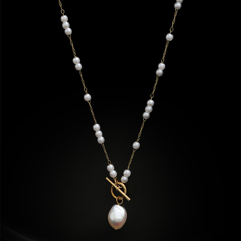 1. กันน้ํา Anti-Tarnish OT Toggle Clasp Baroque Pearl สร้อยคอ Minimalist Beaded Station Chain ผู้หญิ