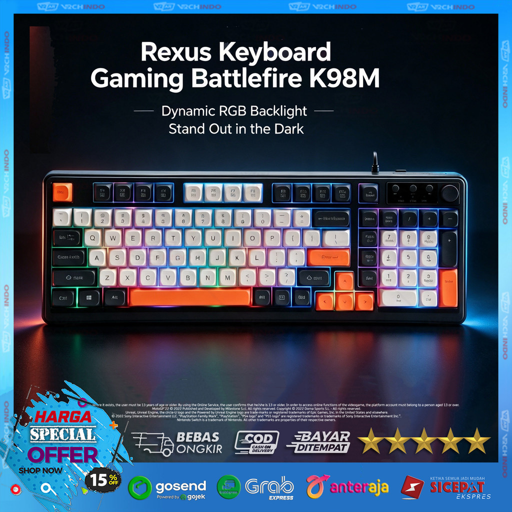คีย์บอร์ด RGB / คีย์บอร์ดเกมมิ่ง / Membrane Rexus K98M ปุ่มปรับระดับเสียง USB PC 98 คีย์