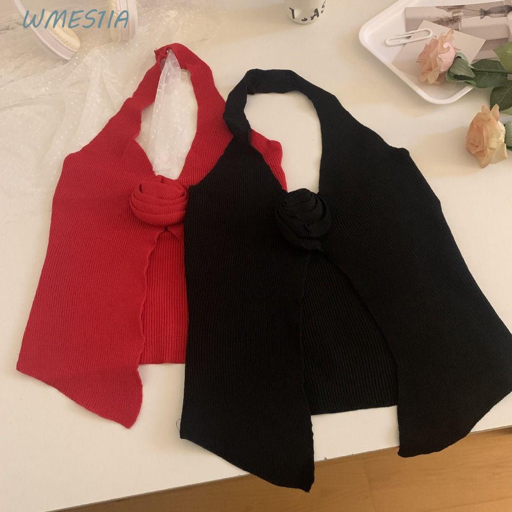 WMES1IA Strap เสื้อครอปแขนกุด, Y2k Slim Fit 3D ดอกไม้แขวน Tops, เสื้อกั๊กลําลองไม่สม่ําเสมอแยกคอ Hal