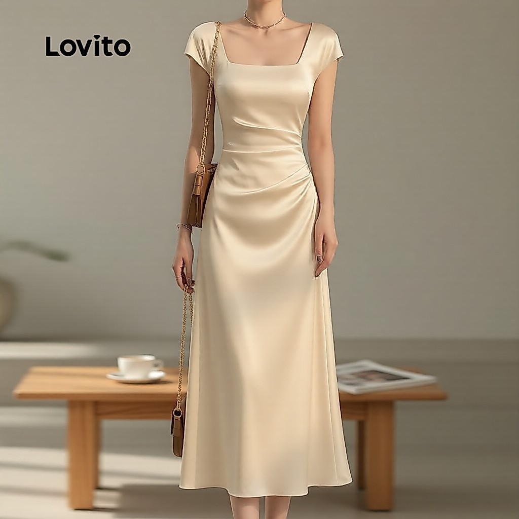 Lovito สง่างาม เดรสผ้าซาตินหรู เดรสแชมเปญผู้หญิง สไตล์ฤดูใบไม้ผลิ ฤดูร้อน รหัส L137LD367