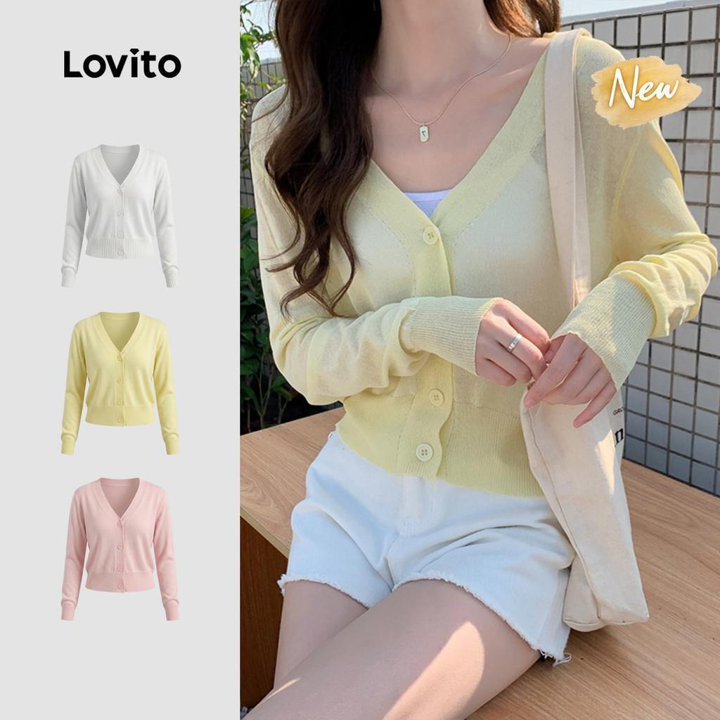 (New Arrival) Lovito เสื้อคลุมคาร์ดิแกนสีชมพู สไตล์ลําลอง เรียบง่าย สําหรับผู้หญิง ใส่ฤดูใบไม้ผลิ/ฤดูร้อน CDNS149TX247