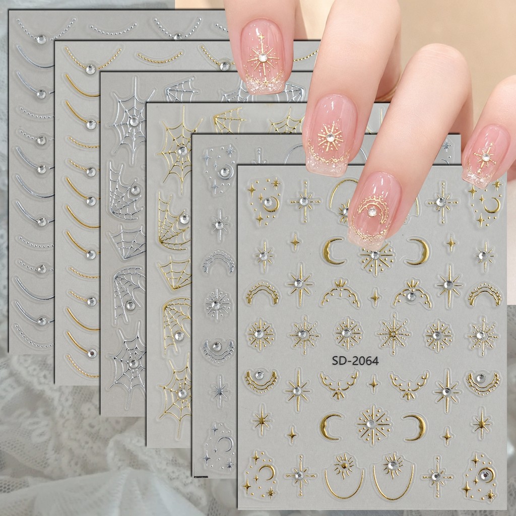 3/4/6/12 แผ่น 5D เพชร Celestial Moon Star Spider Web เคล็ดลับฝรั่งเศสทองเงิน Self-Adhesive DIY เล็บส