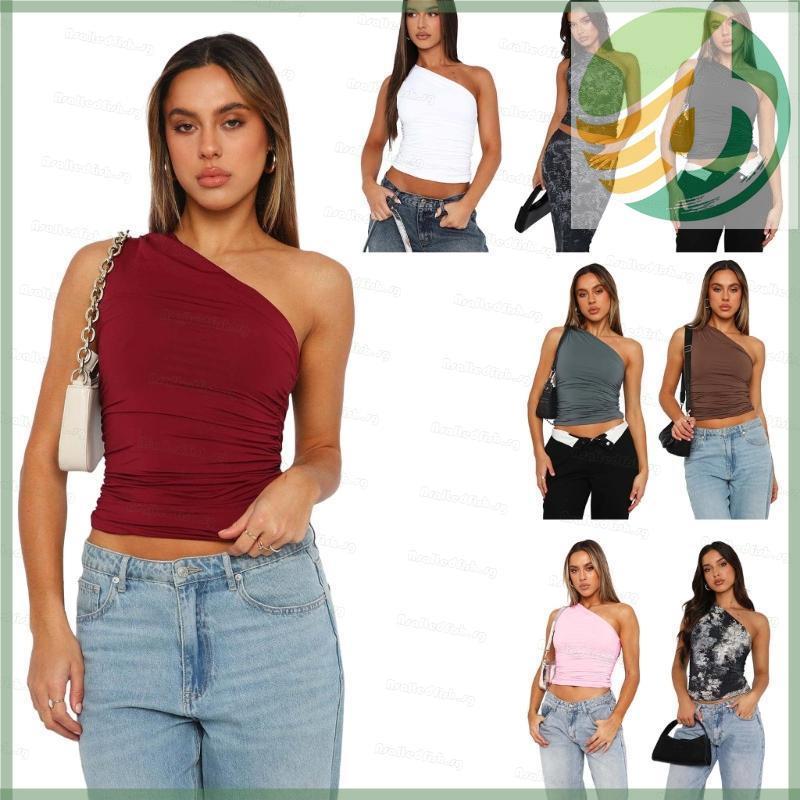 Yf6 As Tank Tops สําหรับผู้หญิงฤดูร้อนหนึ่งไหล่แขนกุด Ruched Crop Tops T Top Slim Fit Tee Going Out 