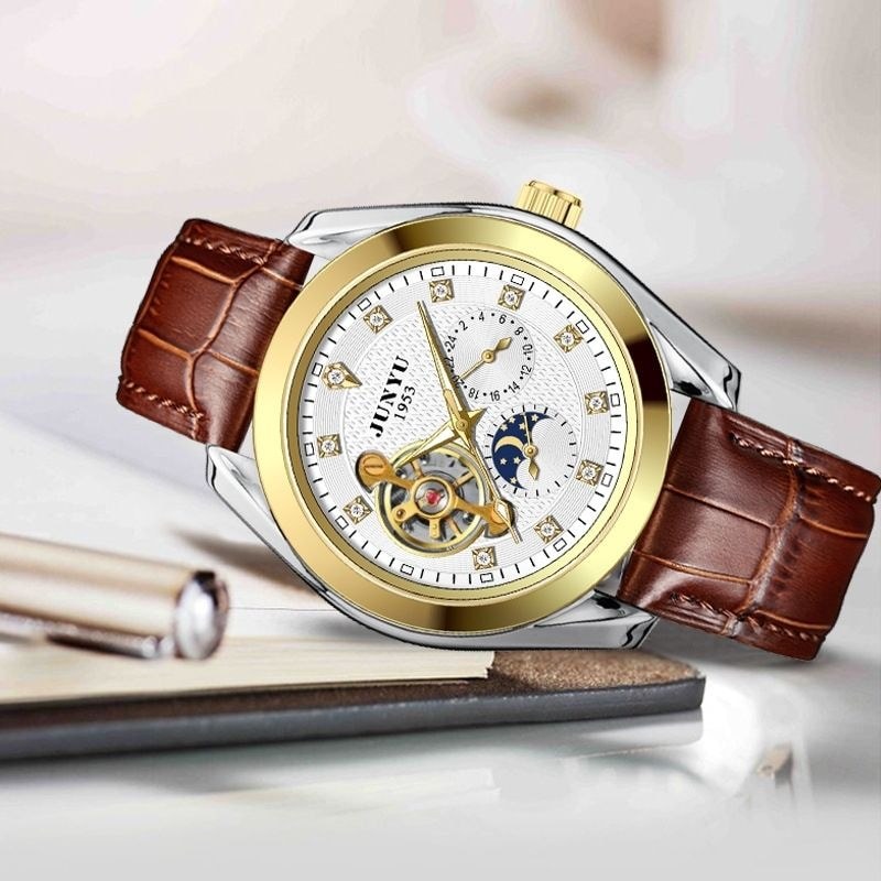 นาฬิกาผู้ชายนาฬิกากลไกอัตโนมัติ Tourbillon Hollow แฟชั่นผู้ชาย Casual ธุรกิจนาฬิกาผู้ชายกันน้ํา Juny