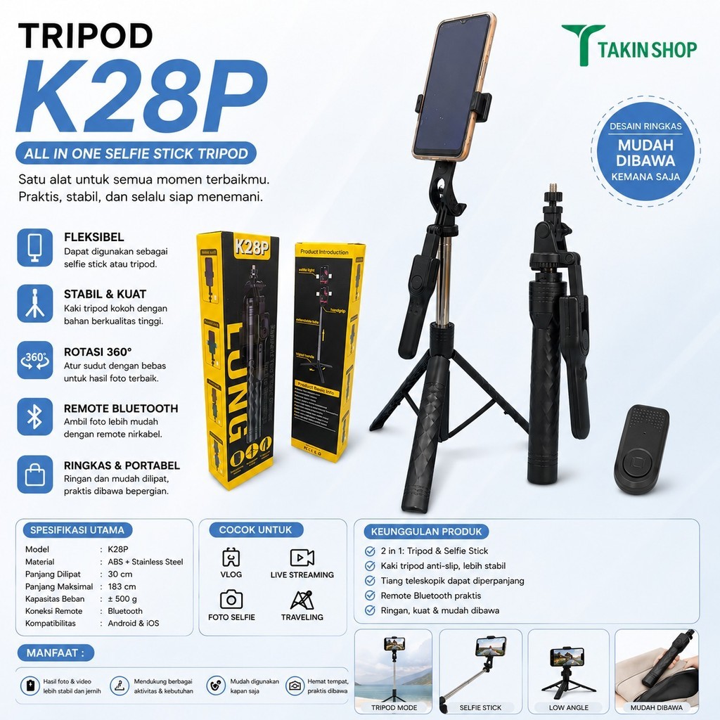 Tongsis Selfie Stick K28P ขาตั้งกล้องระยะไกลบลูทูธ All In One 183 ซม.สําหรับกล้อง Handphone Go Pro ม