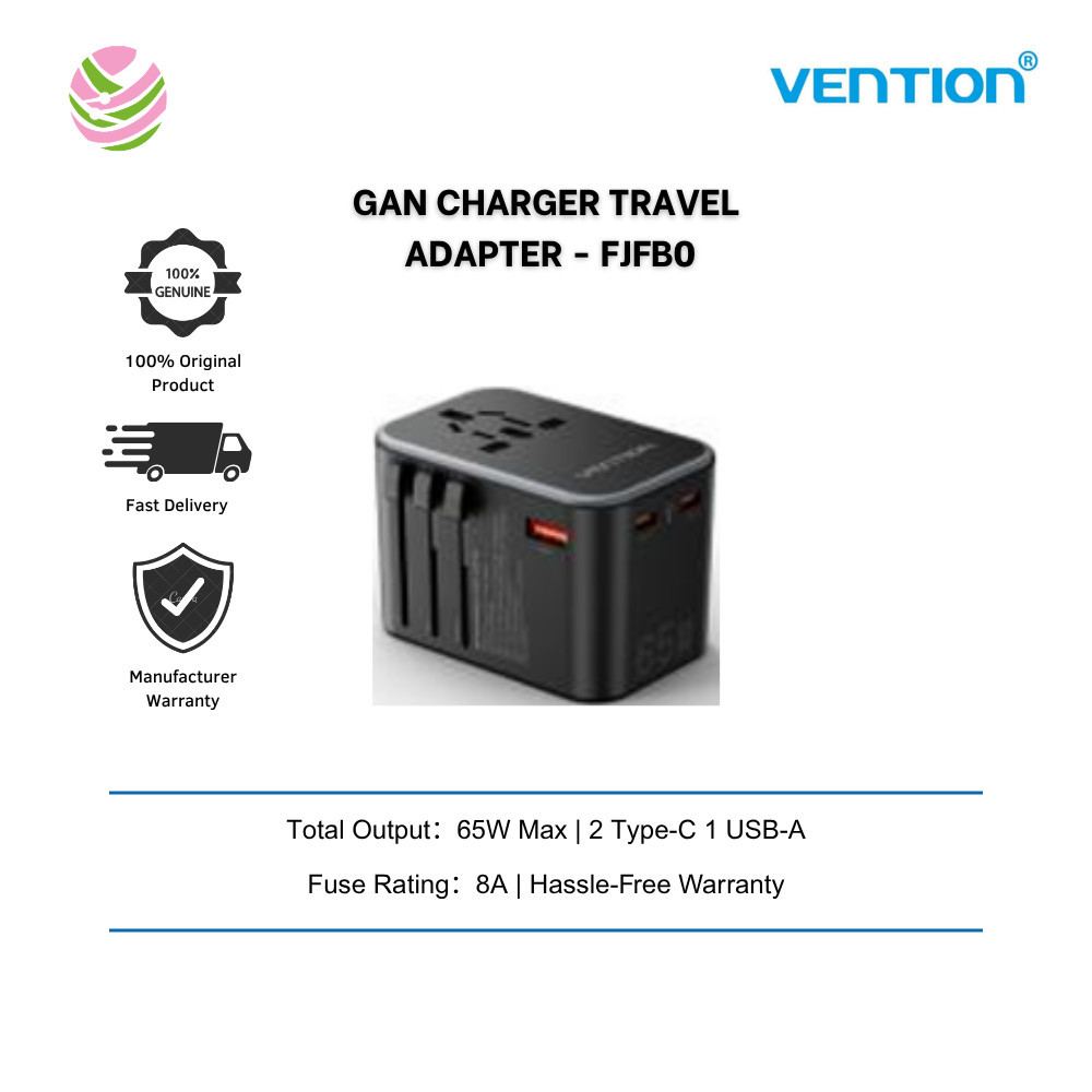 Vention 3-Port USB (C + C + A) Universal Travel Adapter (65W/65W/30W) สีดํา FJFB0