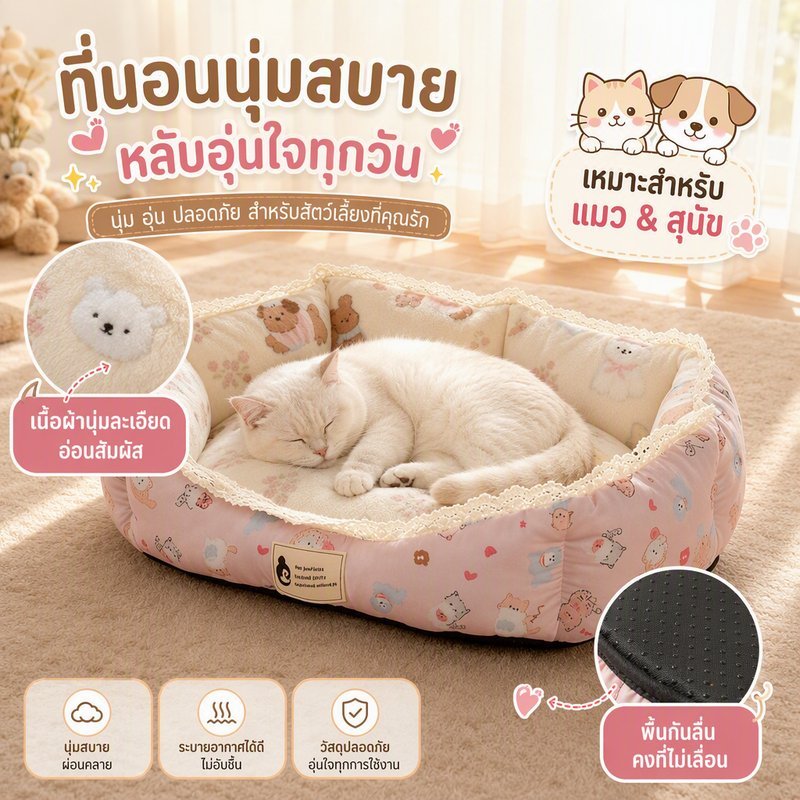 ที่นอนสัตว์เลี้ยง เหมาะเป็นที่นอนแมวและเตียงสุนัข เบาะนอนนุ่มละเอียดอ่อนสัมผัสสบาย ด้านล่างมีผ้ากันลื่นหนาพื้นบ้านได้