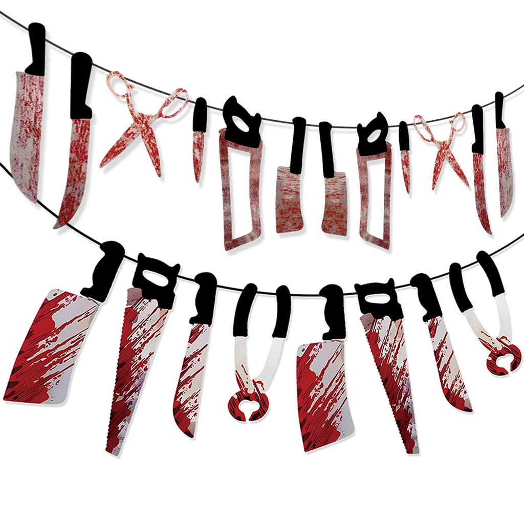 ธงราวฮาโลวีน มีดเปื้อนเลือด กระดาษ 8/12 ชิ้น ของตกแต่งปาร์ตี้ บ้านผีสิง Halloween Banner