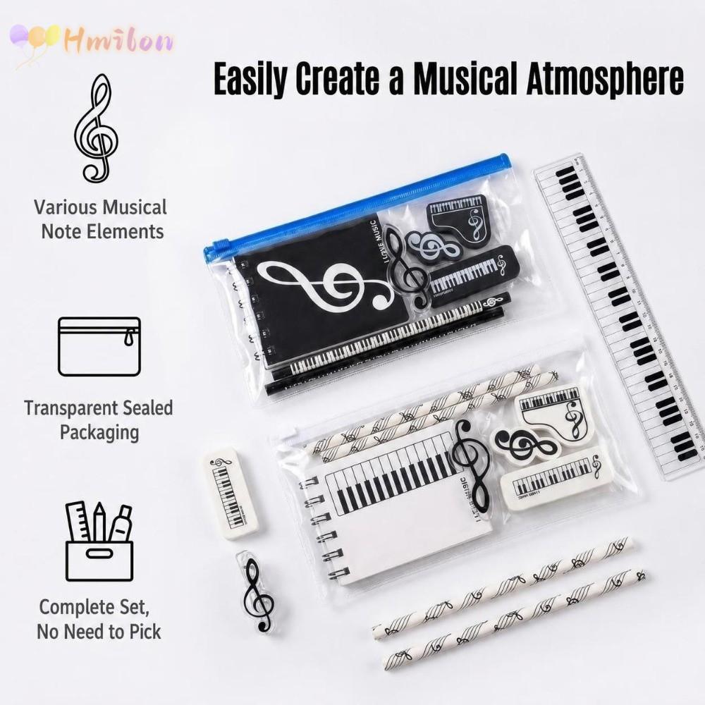 HMILON 7/8 ชิ้นชุดเครื่องเขียน, ธีมดนตรีเปียโน Treble Clef พิมพ์ยางลบดินสอ, Kawaii ไม้บรรทัดของขวัญ