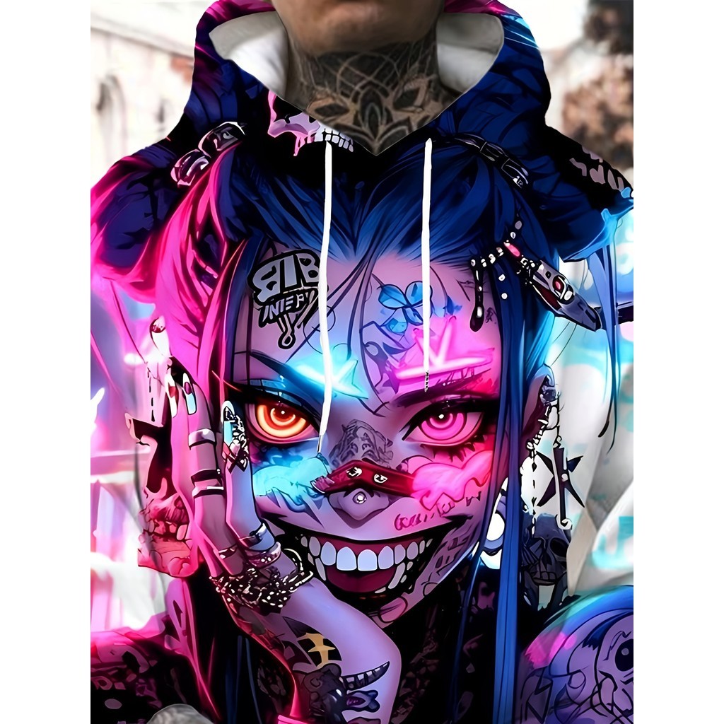 เสื้อฮู้ดผู้ชาย Cyberpunk Featuring a 3D Neon Japanese Manga Character Print ผลิตจาก Stret