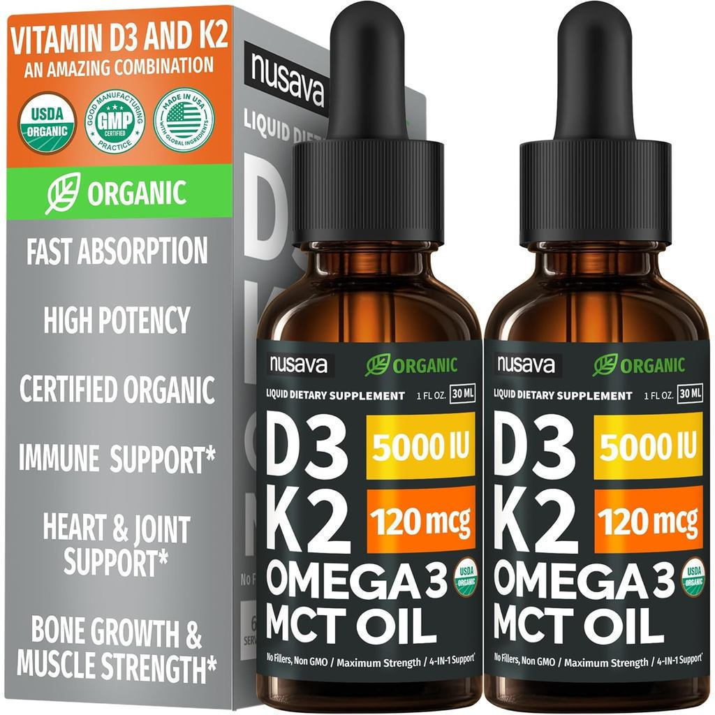 (2 แพ็ค) วิตามินออร์แกนิก D3 K2 หยดกับ MCT Oil Omega 3, 5000 IU, ของเหลววิตามินดีสูงสุด, ไม่มีฟิลเลอ