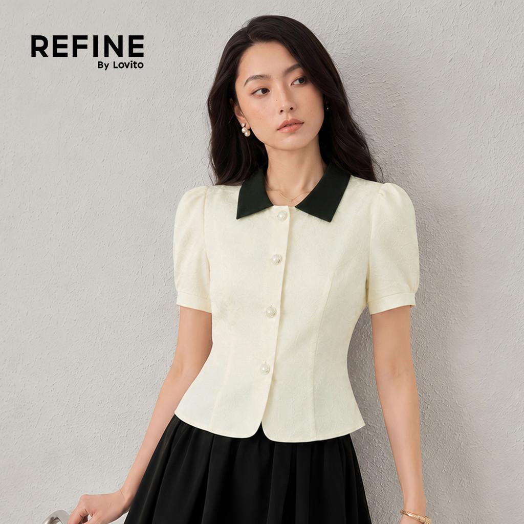 (Refine by Lovito) สง่างาม เสื้อเบลาส์ผู้หญิง ลายแจ็คคาร์ด คัลเลอร์บล็อก น่ารัก มีกระดุม สีขาวงาช้าง สําหรับฤดูใบไม้ผลิ/ฤดูร้อน เกาหลี อินเทรนด์ ทำงาน LR35A112 — صورة 4