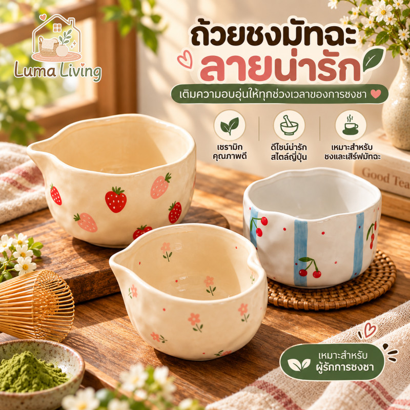 LumaLiving ชามมัทฉะ Chawan ถ้วยเซรามิกญี่ปุ่น สำหรับชงและเสิร์ฟมัทฉะ ลายน่ารัก 3 แบบ ใช้ได้อเนกประสงค์ ใส่ขนม พุดดิ้ง ไข่ตุ๋นได้ ถ่ายรูปสวย