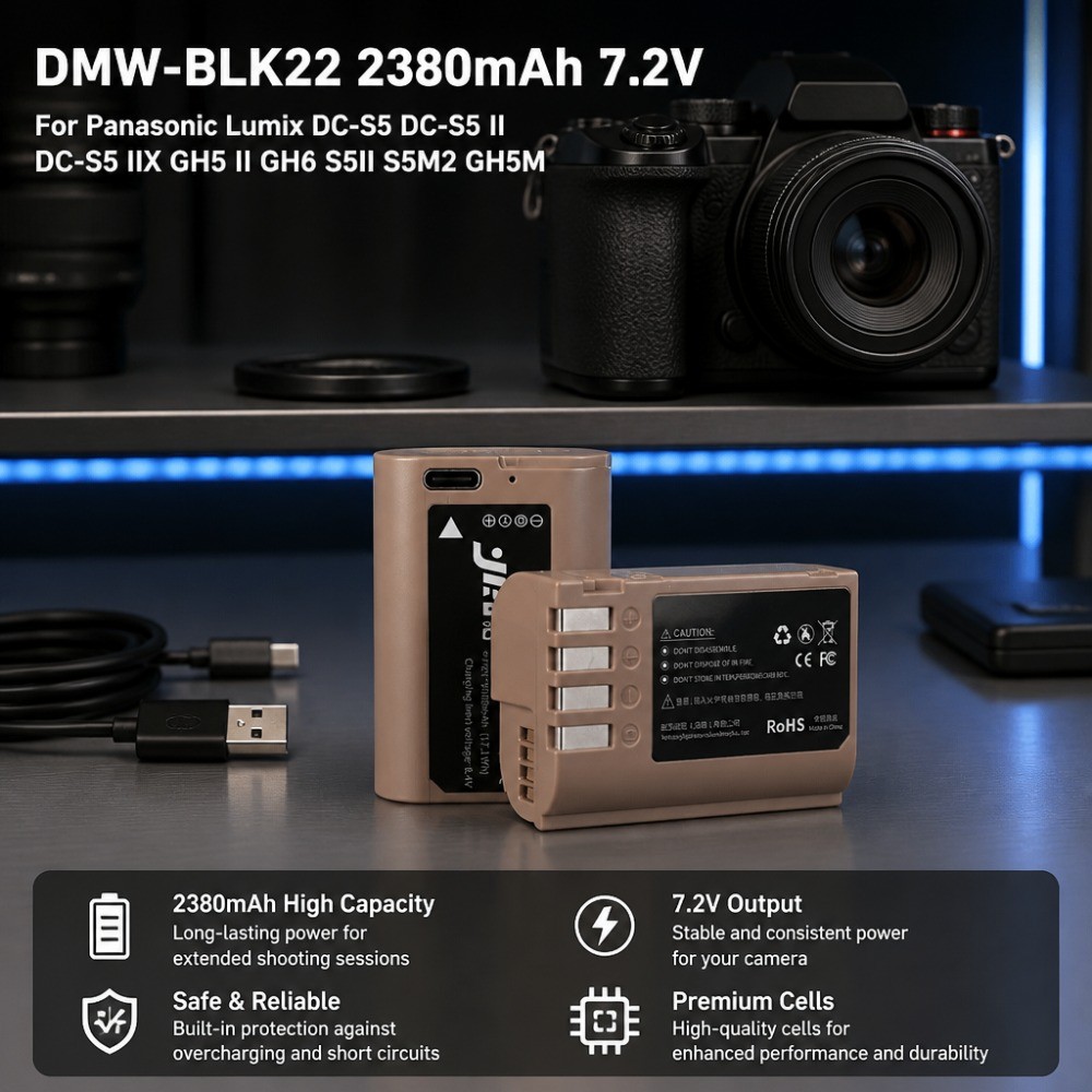 คุณภาพสูง DMW-BLK22 2380mAh 7.2V แบตเตอรี่ทดแทนสําหรับ Panasonic Lumix DC-S5 S5 II S5IIX GH5 II GH6 